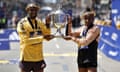 The 128th Boston Marathon <br>epa11280669 Sisay Lemma of Ethiopia (L) and Hellen Obiri of Kenya hold the Boston Marathon trophy after their win in the men's and women's race, respectivley, during the 128th Boston Marathon in Boston, Massachusetts, USA, 15 April 2024. EPA/CJ GUNTHER