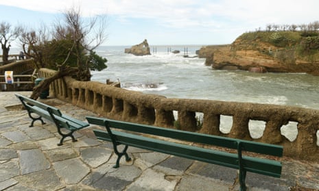 Empty benches on the seafront of Biarritz, France