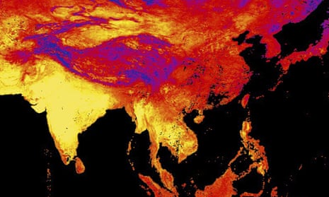 This image released by NASA’s Earth Observatory Team from data collected by the Moderate Resolution Imaging Spectroradiometer (MODIS), an instrument on NASA’s Terra and Aqua satellites, shows the land surface temperature as observed by MODIS in Asia between April 15 to April 23, 2016. Yellow shows the warmest temperatures.