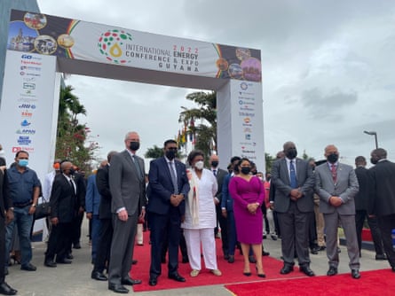 Delegates outside an international energy conference in Georgetown in February. Attendees included the ExxonMobil chief, Guyanese president and the Barbados prime minister.