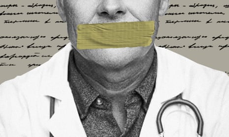 An illustration of a doctor with tape over his mouth. Doctors have often been whistleblowers throughout history