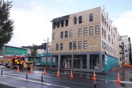 Damage is seen on the Loafers Lodge hostel building after a fatal fire in Wellington on