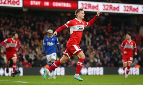 Marcus Forss celebrates scoring Middlesbrough’s second goal against Watford in the Championship on 28 January 2023.