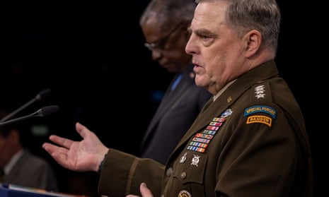 Gen Mark Milley, chairman of the joint chiefs of staff, right, and Lloyd Austin, US defense secretary, brief reporters at the Pentagon as the U.S. military nears the formal end of its mission in Afghanistan on 21 July.