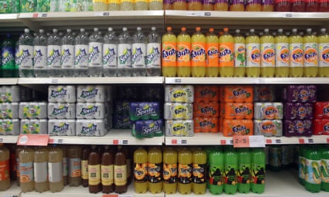 Bottles of sugary drinks on a shop shelf