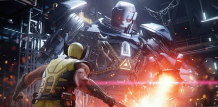 Wolverine faces an enormous robot with glowing red eyes that appears to be shooting flames