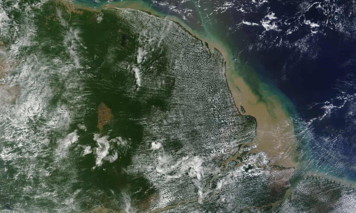Satellite view of the mouth of Amazon river and Brazil coast