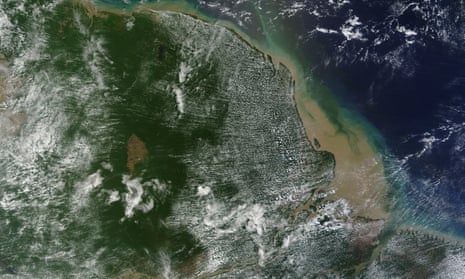 Satellite view of the mouth of Amazon river and Brazil coast