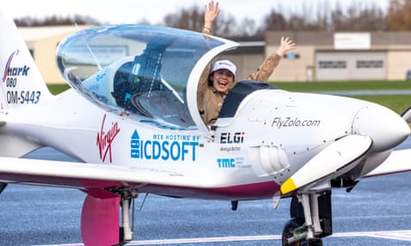 The Belgian-British pilot Zara Rutherford lands her ultralight Shark aircraft in Kortrijk, Belgium. 