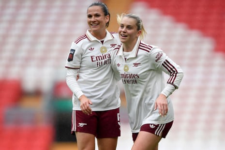 Alessia Russo (right) celebrates with teammate Laia Codina after giving Arsenal the lead.