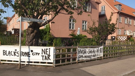 Banners at a housing estate in Frederiksberg, Copenhagen in August 2019, protesting against Blackstone’s attempts to buy the estate.