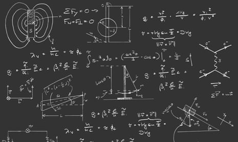 Physics diagrams and formulas on chalk board.