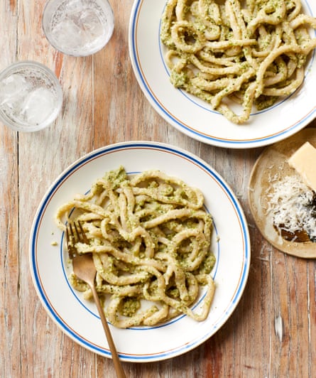 Rukmini lyer’s pici with chilli, broccoli and walnut pesto.