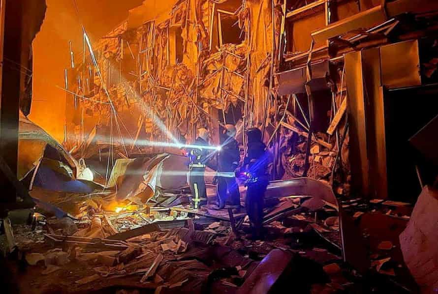 Russia-Ukraine war: Biden accuses Putin of ‘revisionist history’ in Victory Day speech as US plans $40bn aid package for Ukraine - live - breaking news headlines First responders searched for signs of life in the rubble while dealing with the fire.
