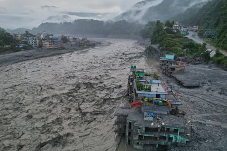 A drone view on Sunday of the aftermath of the flooding along the Trishuli river