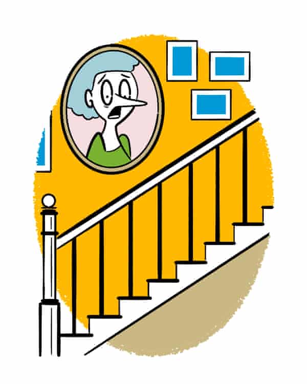 Startled old lady looking at stairs