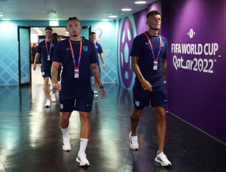 Kalvin Phillips and Ben White arrive at Khalifa International Stadium prior to England’s match against Iran at the 2022 World Cup.