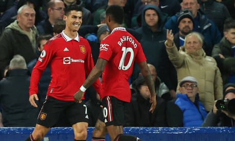 Cristiano Ronaldo celebrates with Marcus Rashford after scoring for Manchester United