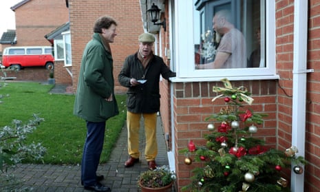 Brexit party chairman Richard Tice and leader Nigel Farage campaigning on a doorstep in Hartlepool during December 2019.