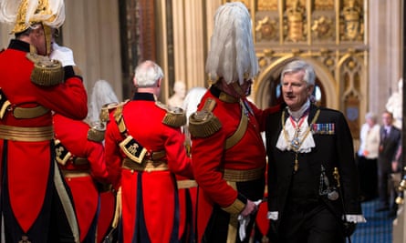 Black Rod, Lieutenant General David Leakey is greeted by members of the Honourable Corps of Gentlemen at Arms