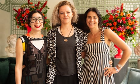 Sara Arnold, left, and Tamsin Omond of Extinction Rebellion, with Emily Sheffield, former deputy editor of Vogue, at the Port Eliot festival. 