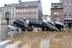 Verviers, Belgium: Cars piled up at a roundabout after heavy rains and floods across western Europe.