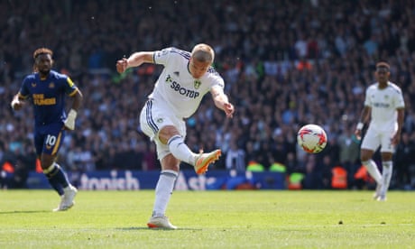 Rasmus Kristensen fires in a shot that gets deflected past Nick Pope to grab an equaliser for Leeds.
