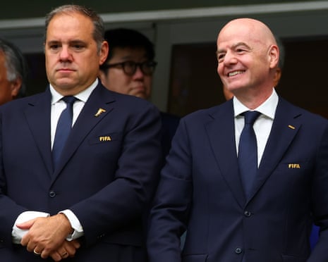 Concacaf president Victor Montagliani with Gianni Infantino at the Brazil v Japan World Cup match in June