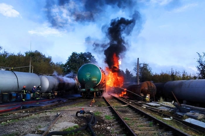 Another view of a tank car on fire in occupied Donetsk.