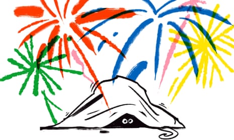 Illustration of a pair of eyes peeping from under a blanket while colourful fireworks explode