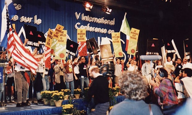 The disruption of the opening ceremonies of the V International Aids Conference in Montreal by Aids Action Now!, Act-Up and Réaction Sida activists, 1989.