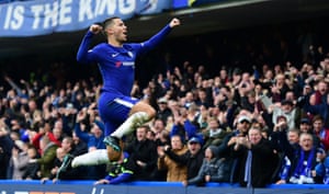 Eden Hazard of Chelsea celebrates after scoring two goals as his side went on to win 3 v 1 against Newcastle at stamford bridge.Hazard has scored more Premier League goals versus Newcastle United than against any other team in the competition (six).