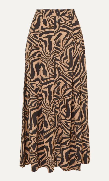 Tiger-print crepe midi skirt, £150, from Ganni