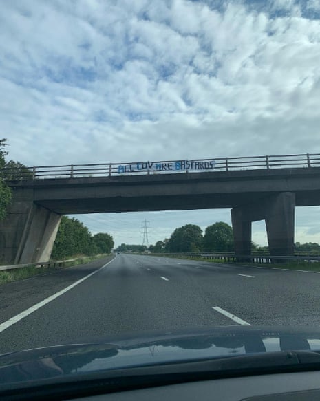 a banner on the motorway reading "all Cov are bastards". 