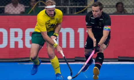 Australia’s Aran Zalewski duels with Germany’s Mats Grambusch in the Hockey World Cup semi final in India.