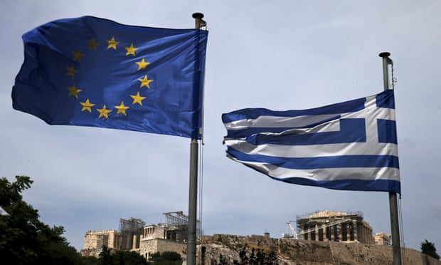 An EU flag and a Greek national flag