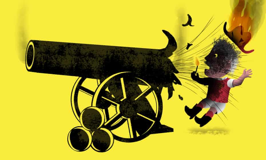 Illustration: a cannon backfires, burning a figure in an Arsenal shirt.