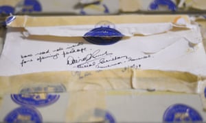 A broken seal is seen on a box containing letters between former Australian Governor-General Sir John Kerr and Buckingham Palace during the Kerr Palace Letters release event in Canberra, Australia, 14 July 2020.