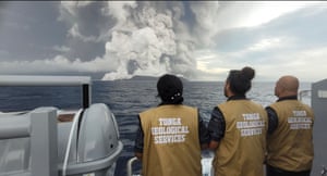 Tonga Geological Services staff observe and monitor the eruption of Hunga Tonga Hunga Ha’apai on 13 January from a safe distance. The eruption pictured happened three days before the larger eruption that triggered a tsunami.