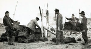 On the ill-fated Canadian Arctic expedition, Wilkins took many photos of the Canadian and Alaskan Inuits going about their day. Here in this nicely composed and framed image we also see, on the left, Billy Natkusiak, Wilkins’ best mate amongst the locals, as part of a team laying the foundation stone for a house at Cape Kellett, Canada.