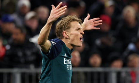 Martin Odegaard of Arsenal reacts during the Champions League quarter-final second leg at Bayern Munich.