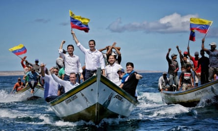 Handout picture released by Guaidó press office of the politician and supporters arriving at one of the islands of Nueva Esparta state, off Venezuela’s Caribbean coast.