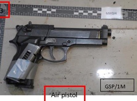 A police handout of an imitation handgun with an empty magazine taped to it that was found in Naweed Ali’s car.