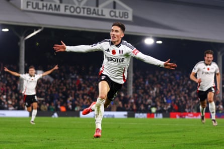 Harry Wilson of Fulham celebrates scoring his team’s second goal against Brentford at Craven Cottage