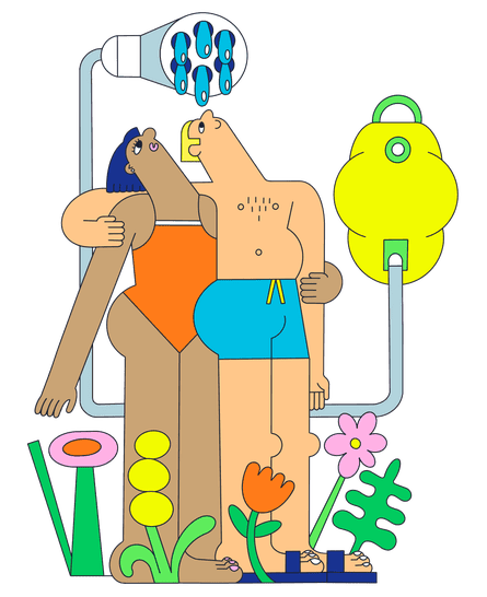 A happy couple, taking a solar shower at a festival. They are in bright swimming costumes and are surrounded by flowers.