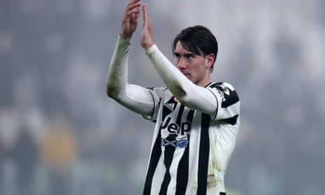 Dusan Vlahovic celebrates at the end of a scoring debut for Juventus. 