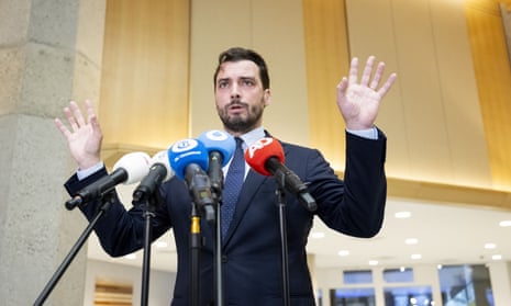 FVD leader Thierry Baudet speaks to the media in the House of Representatives, a day after the party leader was hit in the head with an object during an election event in Groningen