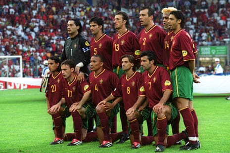 The Portugal team line up before their Euro 2000 game against England.