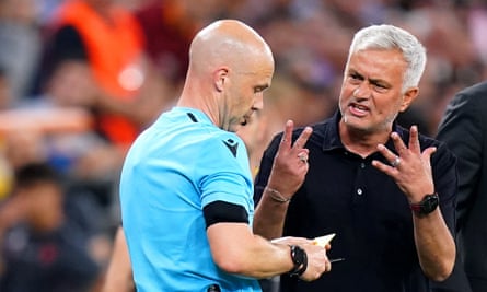 José Mourinho exchanges words with Anthony Taylor during the 2023 Uefa Europa League final between Sevilla and Roma at the Puskás Aréna in Budapest