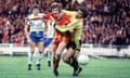 Leighton James is fouled by Peter Shilton to win a matchwinning penalty for Wales against England at Wembley in 1977.